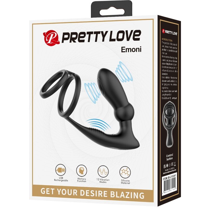 PRETTY LOVE - ANELLO PER PENE EMONI + TAPPO ANALE 12 VIBRAZIONI NERO - immagine 8