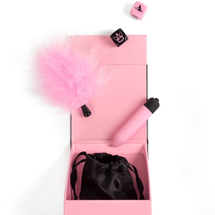 SECRET PLAY - PLEASURES BOX PER COPPIE: DADI + PROIETTILE VIBRANTE + PENNA CON PIUMA - immagine 5